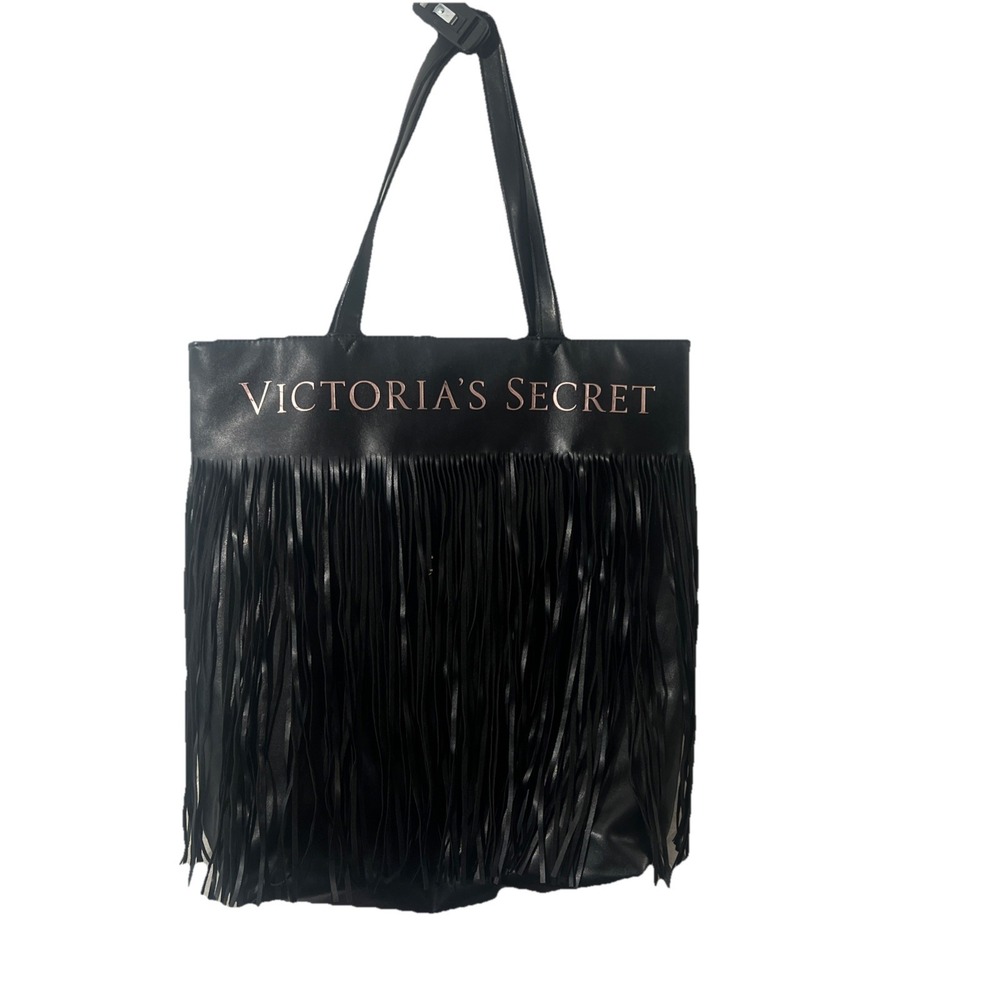 VICTORIA'S SECRET Black Fringe Tote Shoulder Bag‎ Gold Logo 15x17 FREE SHIPPING